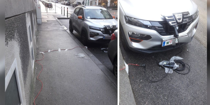 stolperfalle! e-auto blockiert gehsteig mit kabeln