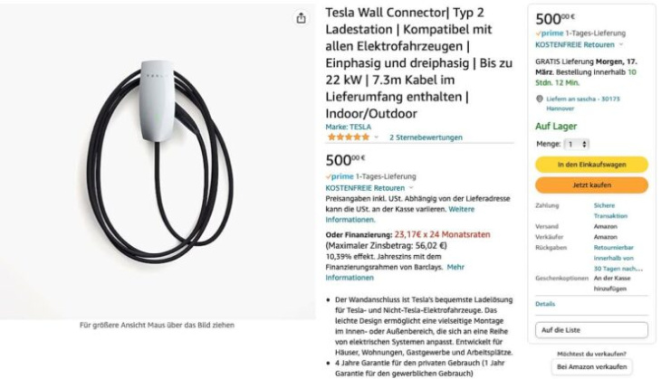 tesla bei amazon: elektroauto-ladestation wall connector wird über online-riese verkauft