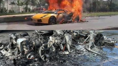 Lamborghini Gallardo Spyder fängt Feuer, Flammen machen ihn völlig unkenntlich