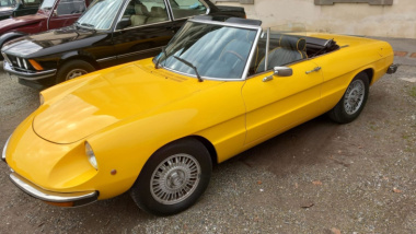 Alfa Romeo Spider, Fotos einer charmanten Dame in Gelb
