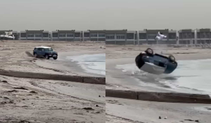 video-viral: fahrer führt gefährliches manöver mit toyota fj cruiser am strand durch und wird ausgeworfen
