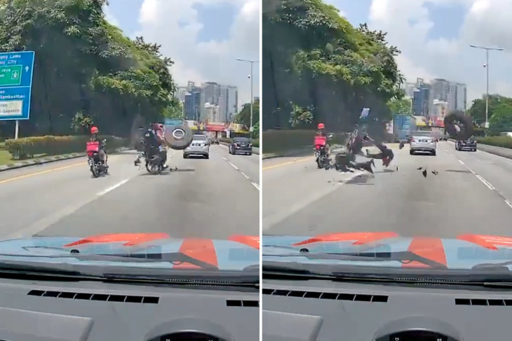 biker auf autobahn durch verirrten reifen von maschine geschleudert!