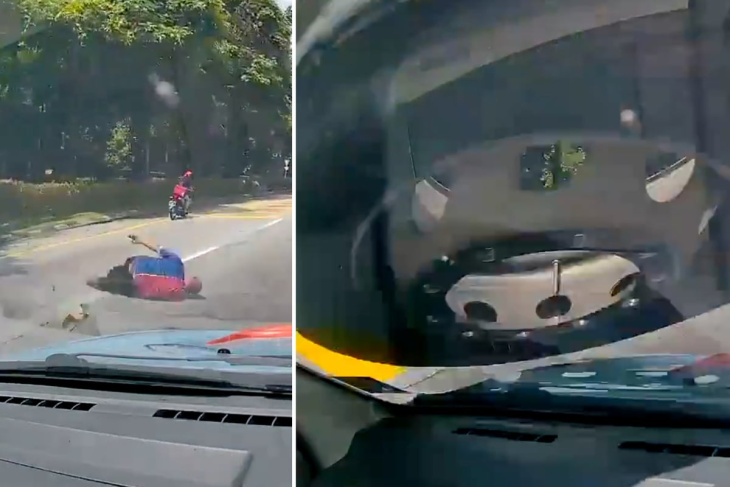 biker auf autobahn durch verirrten reifen von maschine geschleudert!