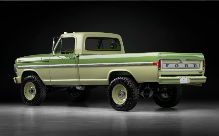 velocity restomod 1972 ford f-250 pickup in cactus green