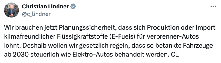 finanzminister lindner plant steuerbefreiung für e-fuel-fahrzeuge